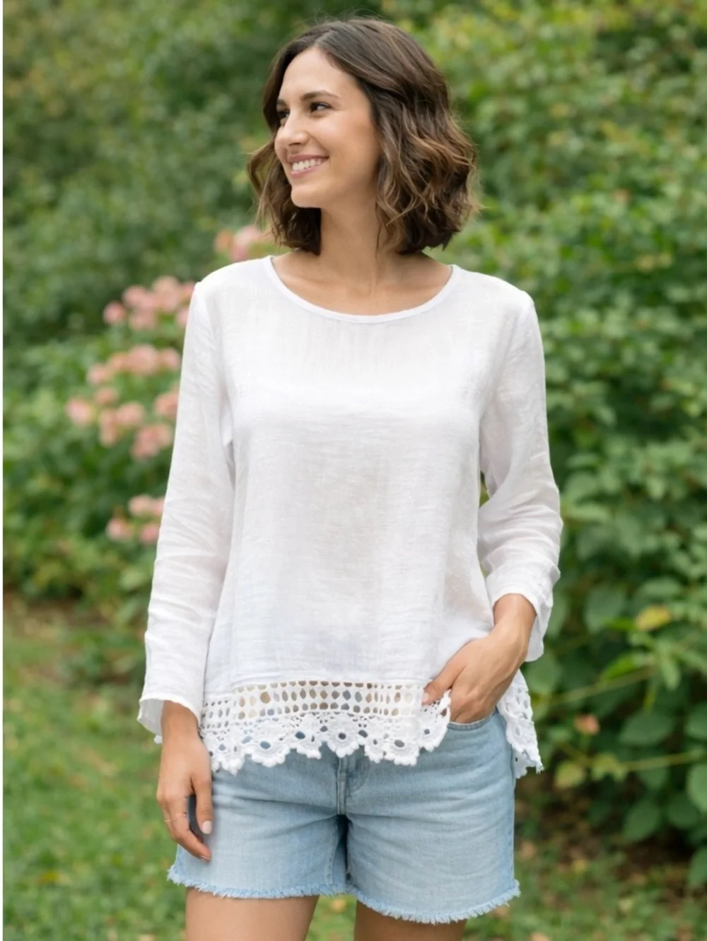 Terzo Millennio 100% Linen Top White Crochet Hem Long Sleeve Made in Italy Sz L - Picture 2 of 6